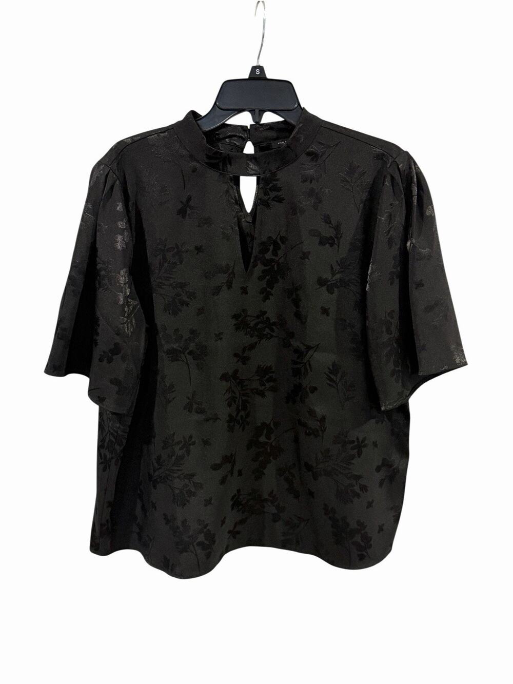 Ann Taylor Factory Black Floral Jacquard Blouse High Mock Neckline Classy Chic